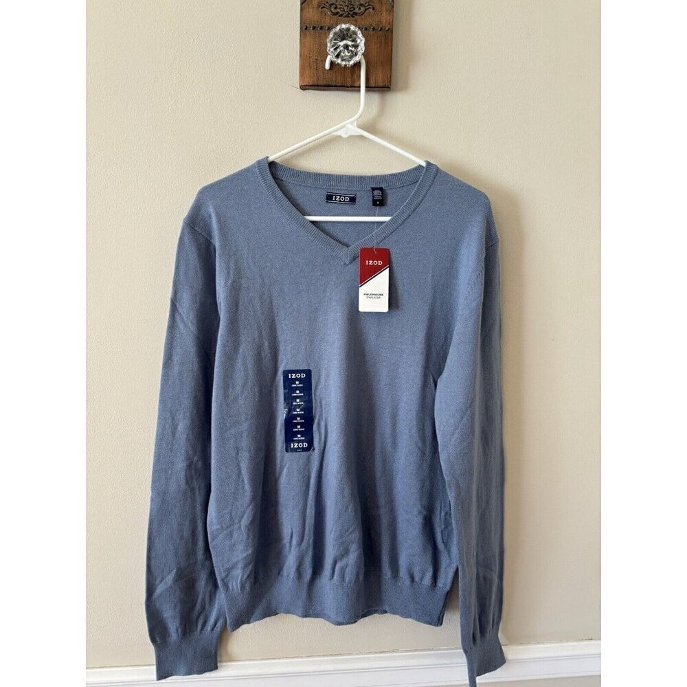 NWT Izod Mens Size M Blue V-Neck Wool Blend Pullover Fieldhouse Sweater